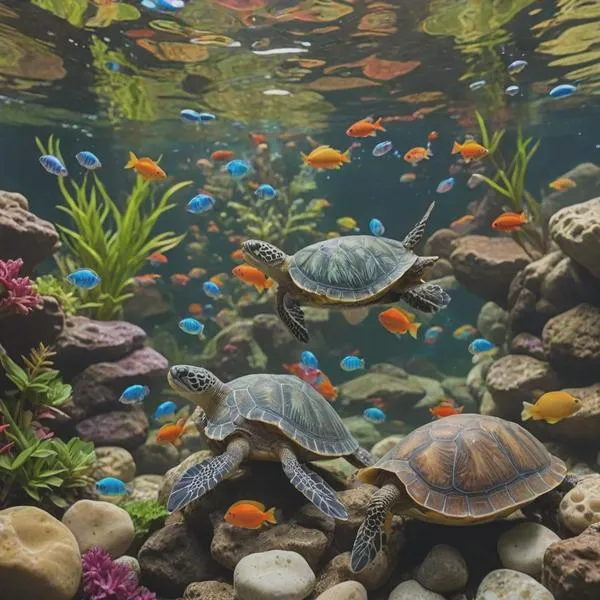 Akwarium z żółwiem i rybami